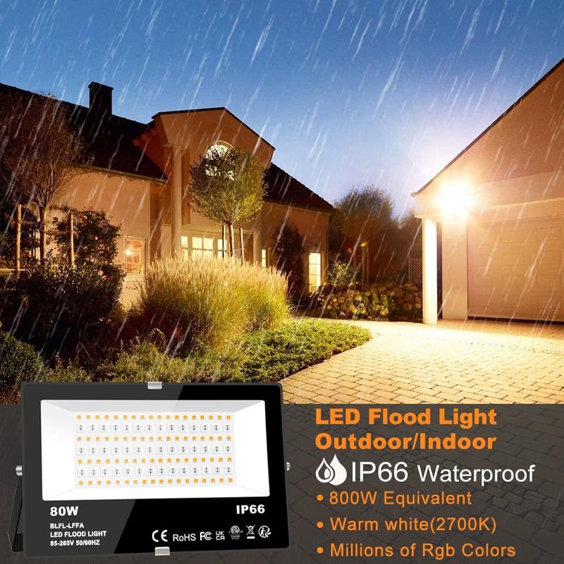 MELPO ضوء الفيضانات LED خارجي 800 واط مكافئ 8000 لومن إضاءة المناظر الطبيعية الذكية RGB مع تحكم عبر التطبيق، مشاهد DIY - توقيت - أبيض دافئ 2700 كيلفن - إضاءة ملونة متغيرة، مقاوم للماء IP66 قابس أمريكي (عبوة 2) - Image 2